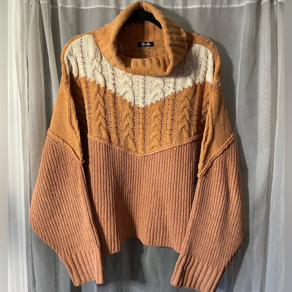 Miss Me Women's Size Large Knit Sweater orange white Cowl Neck